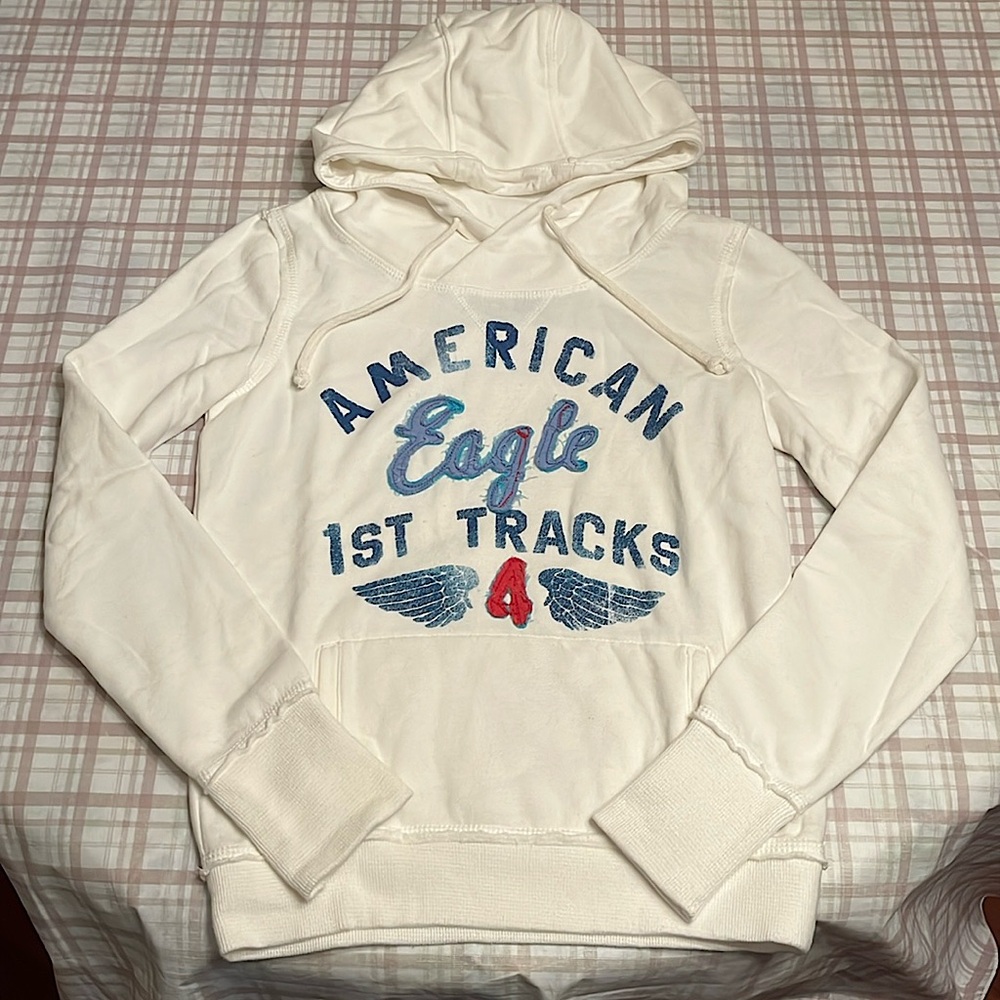 American Eagle Outfitters White Hoodie with Navy Blue and Red Details